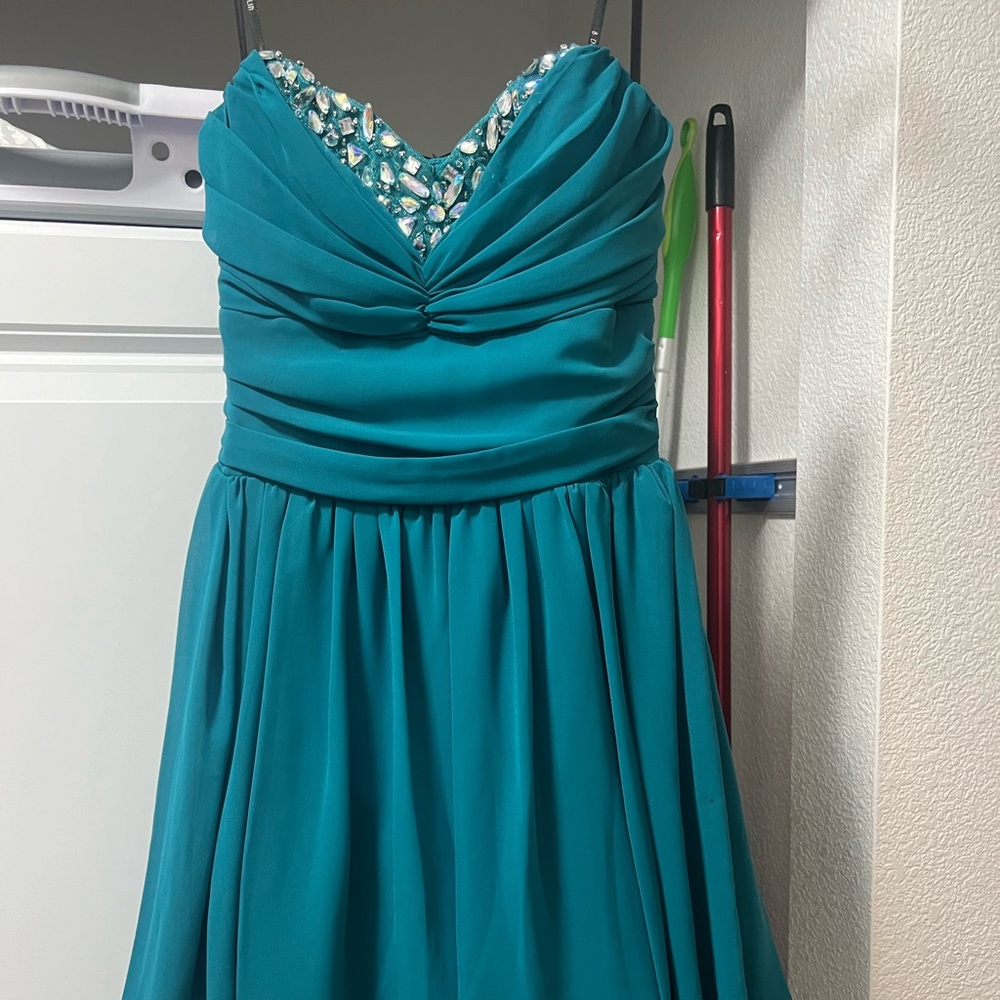 Strapless Teal Jeweled Juniors Party Dress